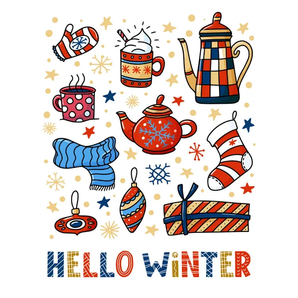 Hallo Winter-Grußkarten-Design, lustige Kritzeleien — Stockvektor