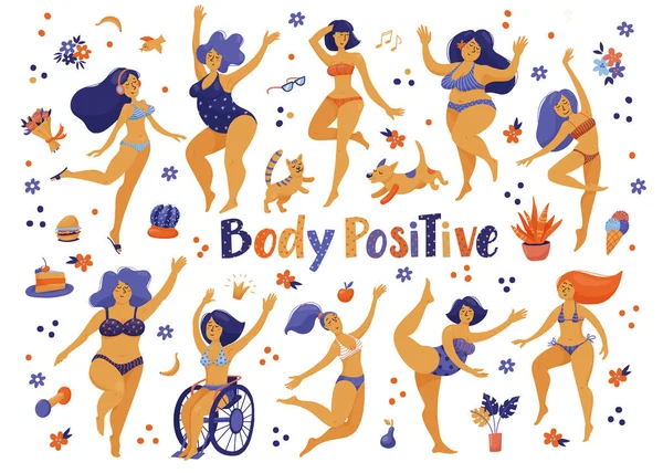 Body positive concept set of various happy women — Stock Vector