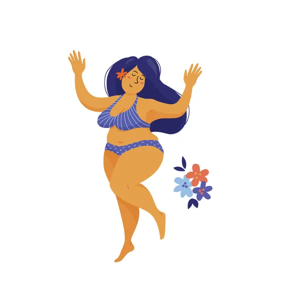 Beautiful happy plus size woman dancing in bikini — Stock Vector