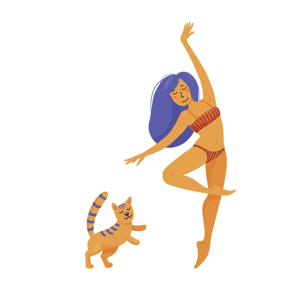 Ung smuk kvinde i bikini danser med sin kat – Stock-vektor