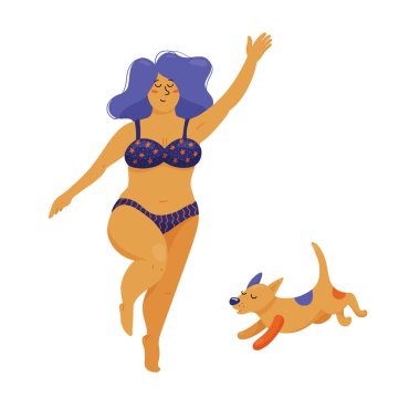 Güzel dans, bikini ile köpeğini, düz vektör illüstrasyon izole beyaz arka plan üzerinde atlama boyutu kadın artı. Tombul kadın bikini dans güzel, olumlu, kendini kabul kavram vücut