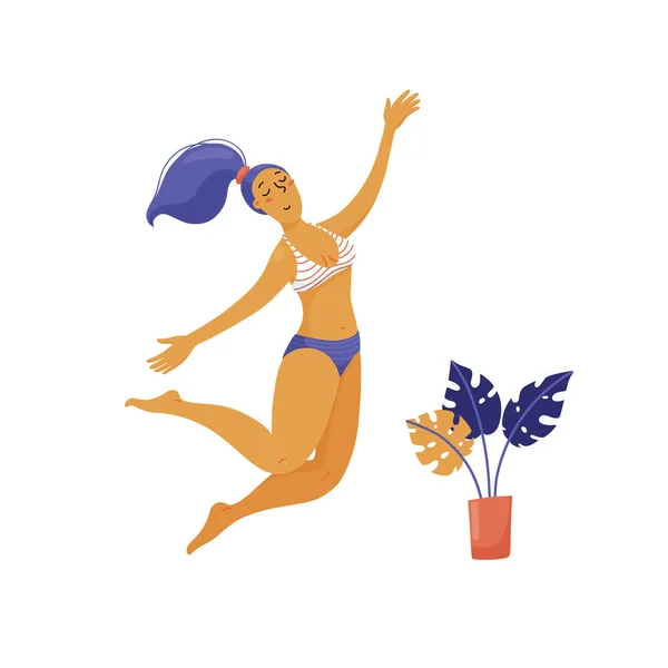 Schöne glückliche Frau im Bikini, die hoch springt — Stockvektor