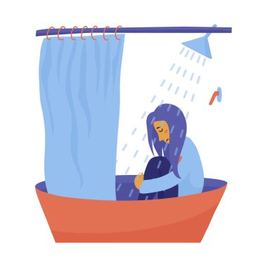 Genç kadın, tamamen giyinik olarak duş oturan kız