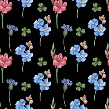 Dikişsiz desen, mavi, pembe kır çiçekleri siyah