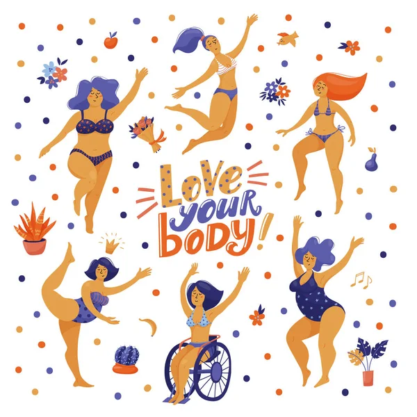 Love your body poster with dancing women in bikini — Stock Vector