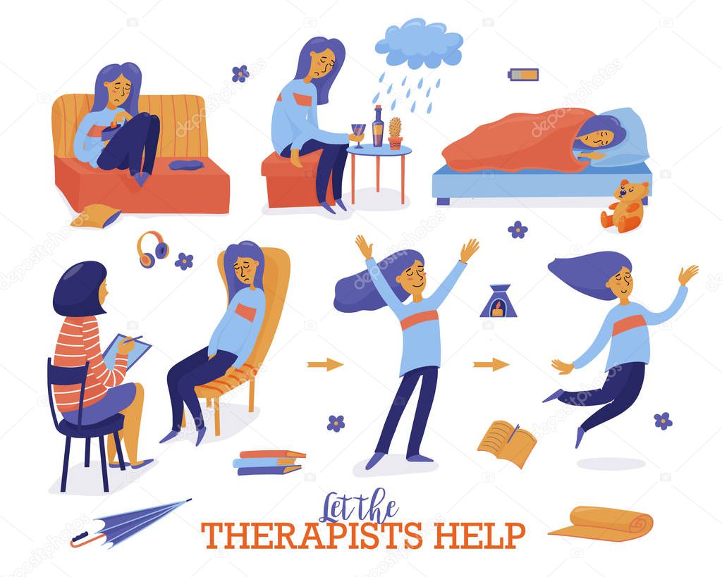 Help in depression set - young woman and therapist