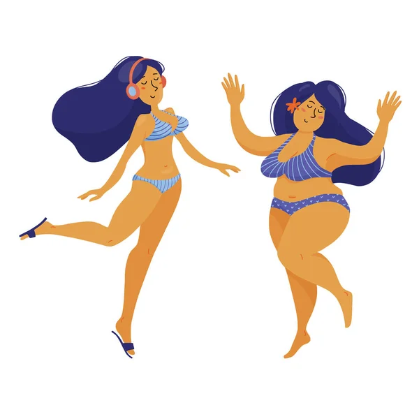 Zwei glückliche verschiedene hübsche Frauen tanzen im Bikini — Stockvektor