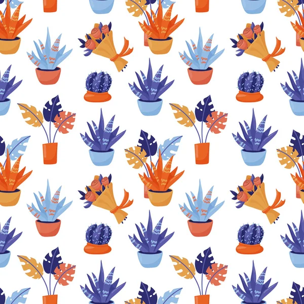 Seamless pattern - monstera, cacti, flower bouquet — Stock Vector