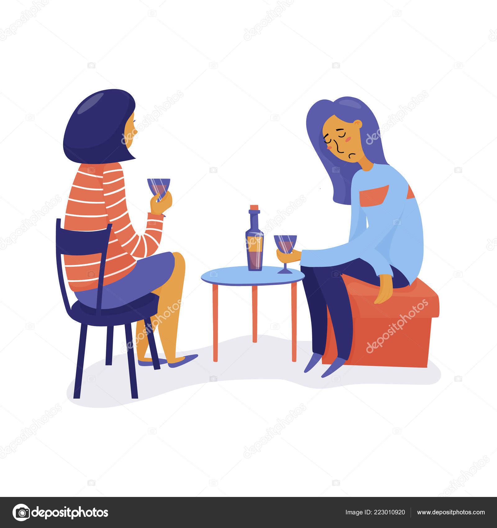 Two Friends Women Drink Wine One Sad Unhappy Talking Another Stock Vector  Image by ©big_and_serious #223010920