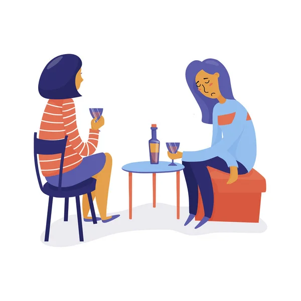 Two Friends Women Drink Wine One Sad Unhappy Talking Another — Stock Vector