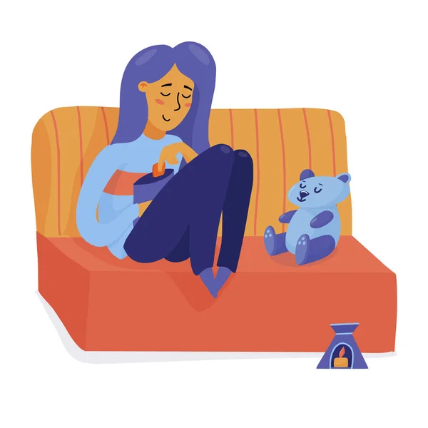 Wanita Muda Gadis Yang Duduk Sofa Dengan Boneka Beruang Makan - Stok Vektor