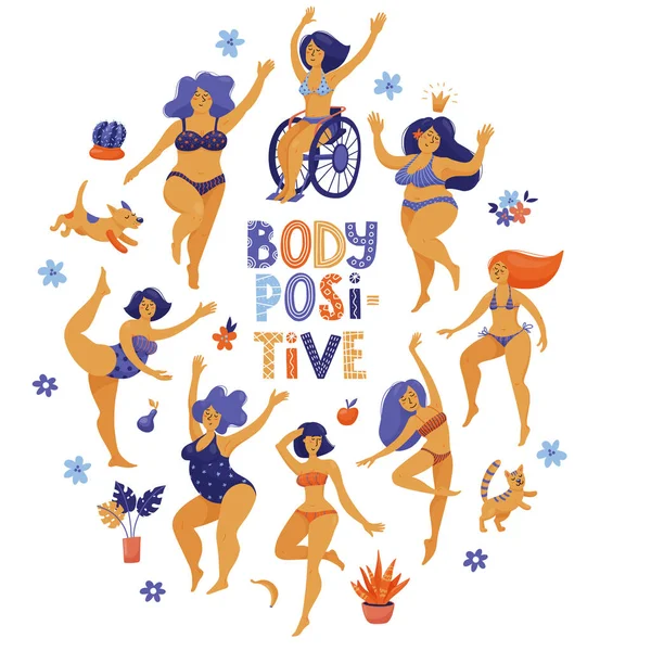Bannière positive de corps rond avec des filles dansantes — Image vectorielle