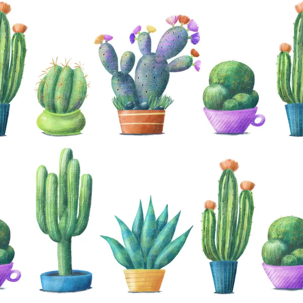 Pots de cactus en lignes, motif sans couture sur blanc — Photo