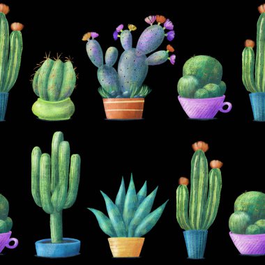 Kaktüsler tencere satırlarında, seamless modeli siyah