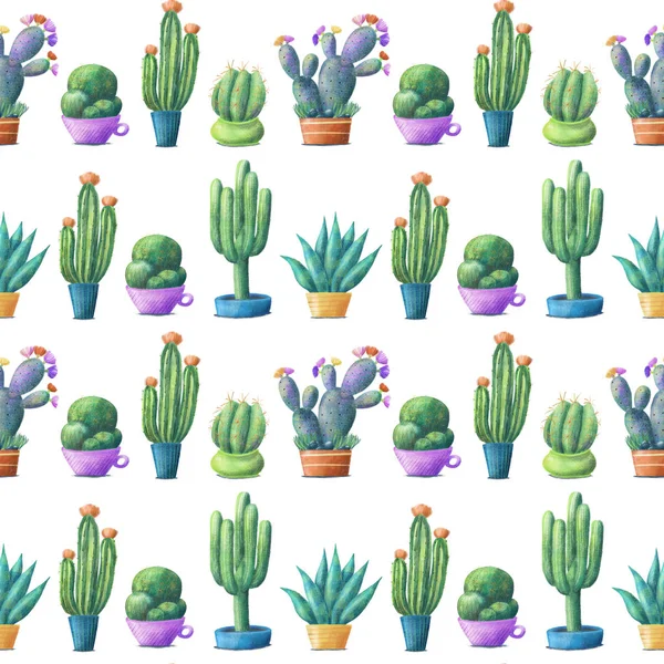 Cacti pots, regular seamless pattern on white — Stock Photo, Image