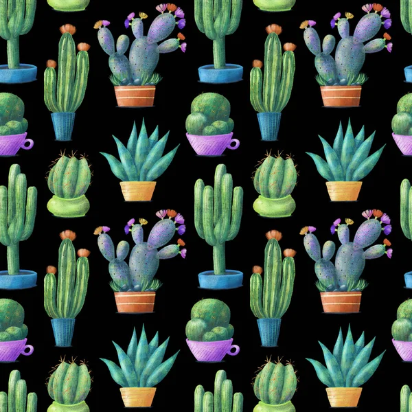 Cute colorful cactus in pots, seamless pattern — Stock Photo, Image