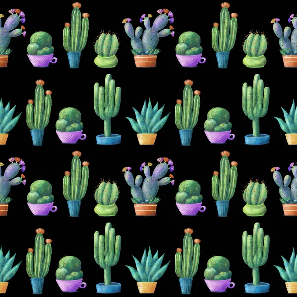 Kaktusar krukor, regelbundet sömlösa mönster på svart — Stockfoto