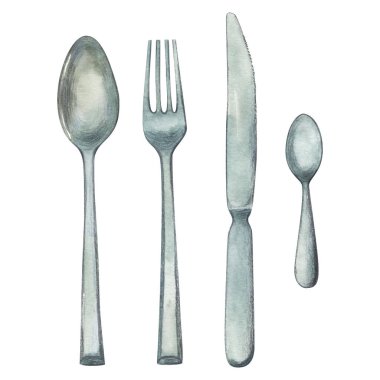 Kaşık, çatal, bıçak seti suluboya çizimi