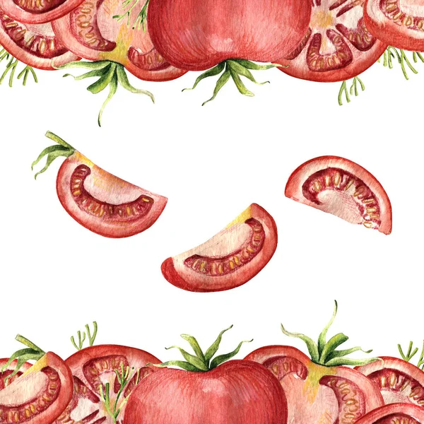 Akvarelu hranice s celé a řezané červených rajčat — Stock fotografie