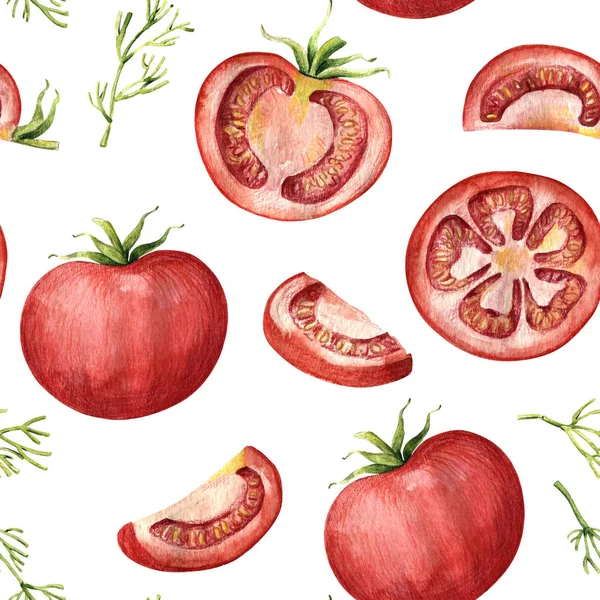 Vzor bezešvé s červenými rajčaty a kopr na bílém — Stock fotografie