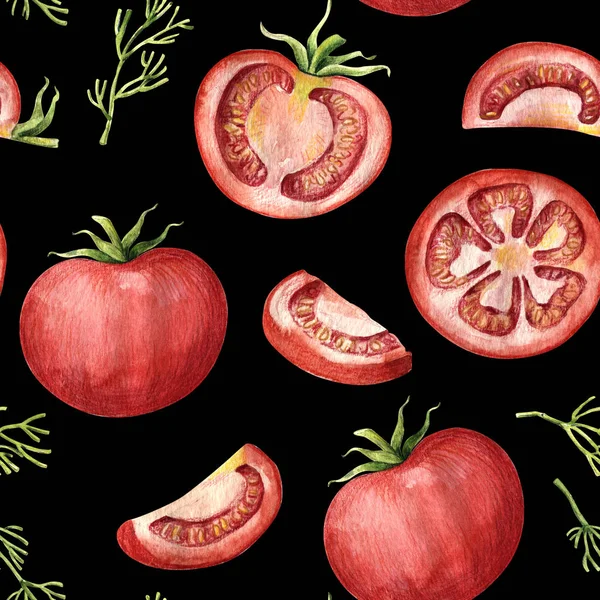 Seamless Vzor Červenými Rajčaty Celé Napůl Řezy Segmenty Akvarel Ilustrace — Stock fotografie