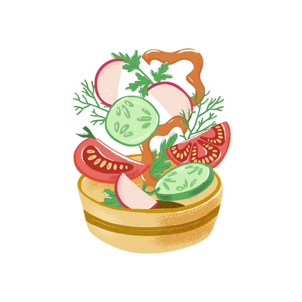 Tomato, pepper, radish, cucumber falling into bowl — Stock Vector