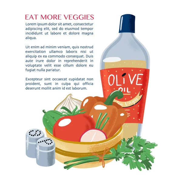Ensalada vegetal, aceite de oliva, perejil, sal, pimienta — Vector de stock