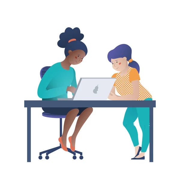 Two girls, black and Caucasian working on laptop — Stock Vector