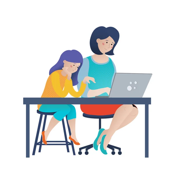 Mamá y el niño, hija usando la computadora juntos — Vector de stock