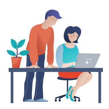 Man helping young woman work on computer in office clipart