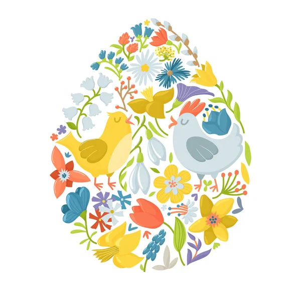 Œuf de Pâques rempli de poulet et de fleurs mignonnes — Image vectorielle