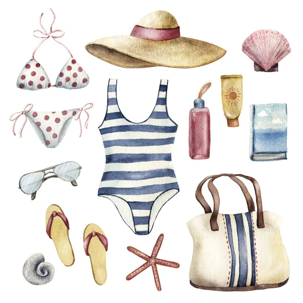 Essentials voor strand vakantie, aquarel — Stockfoto