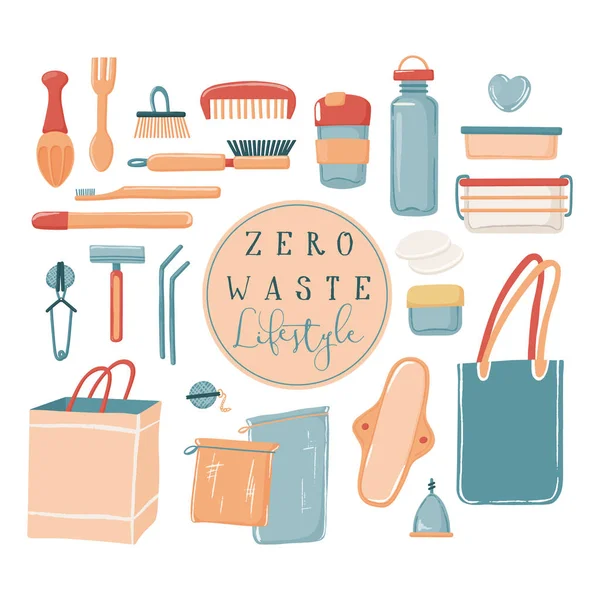 Zero Waste, conjunto de objetos de estilo de vida ecológico — Archivo Imágenes Vectoriales