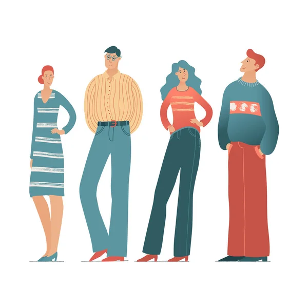 Group of four positive people standing together — Stock Vector