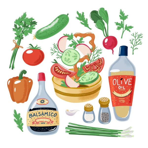 Ilustración de la receta de ensalada - verduras, aceite, hierbas — Vector de stock