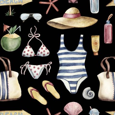 Siyah plaj tatil nesnesi dikişsiz desen