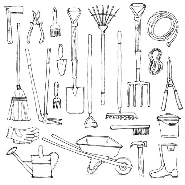 Black and white rough sketch of gardening tools — Stock Photo, Image