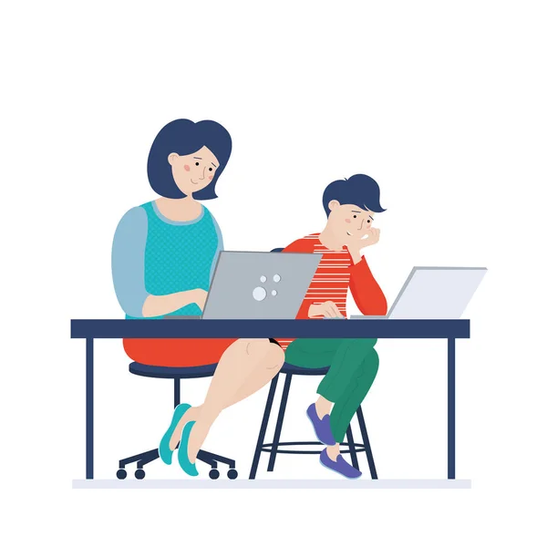 Mamá y su hijo adolescente trabajando en computadoras portátiles — Vector de stock