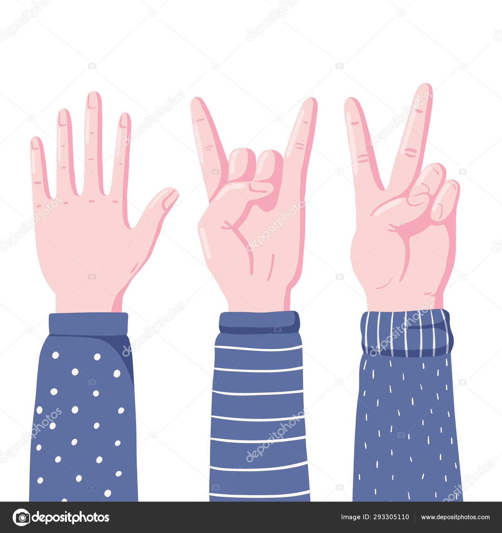 Mãos mostrando alta cinco, chifres do diabo e v sinal Vetor de  ©big_and_serious 293305110, image size:1600x1700