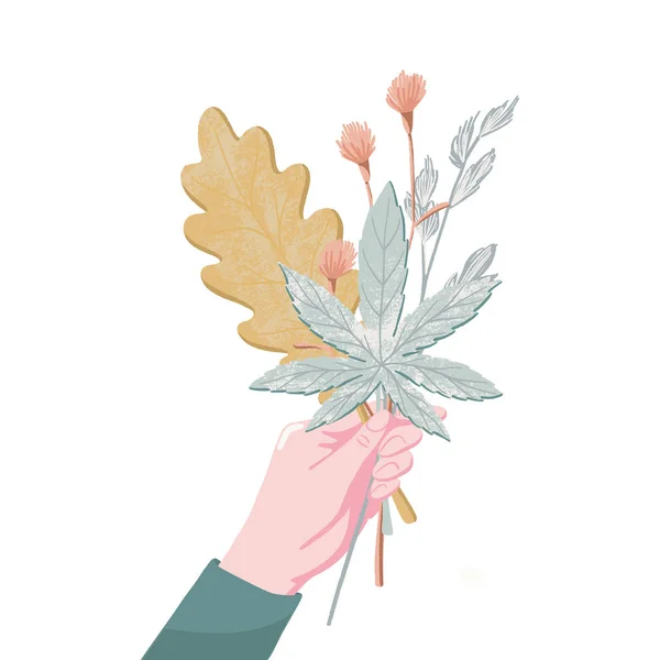 Female hand holding bouquet of fall, autumn leaves — Stock Vector