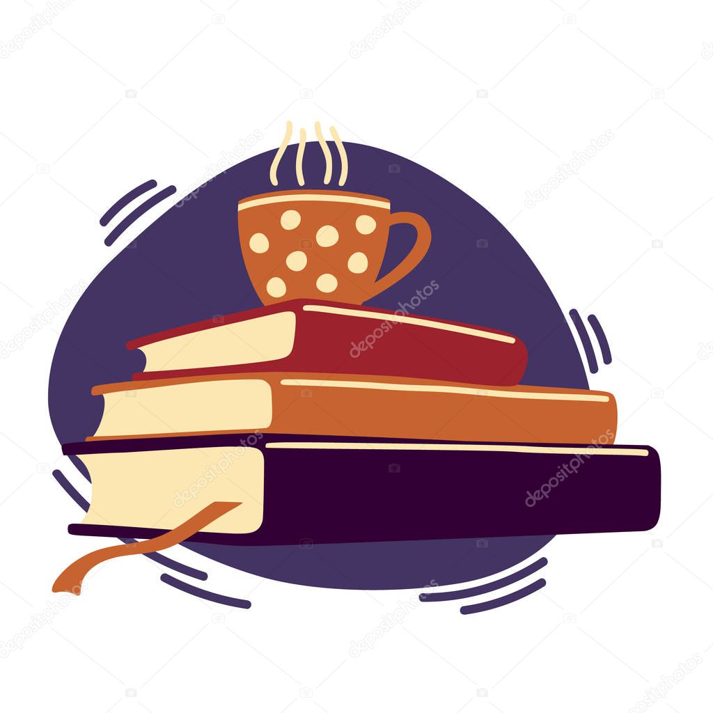 Pile of books with cup of hot tea, coffee on top