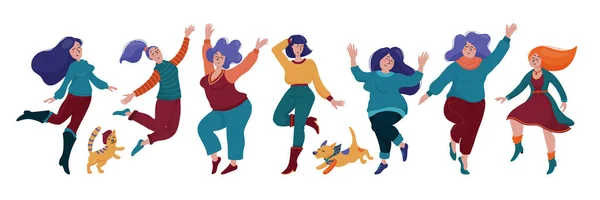 Conjunto de mujeres bonitas felices bailando en ropa de abrigo — Archivo Imágenes Vectoriales