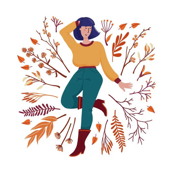 Flot kvinde i sweater omgivet af efterårsblade – Stock-vektor