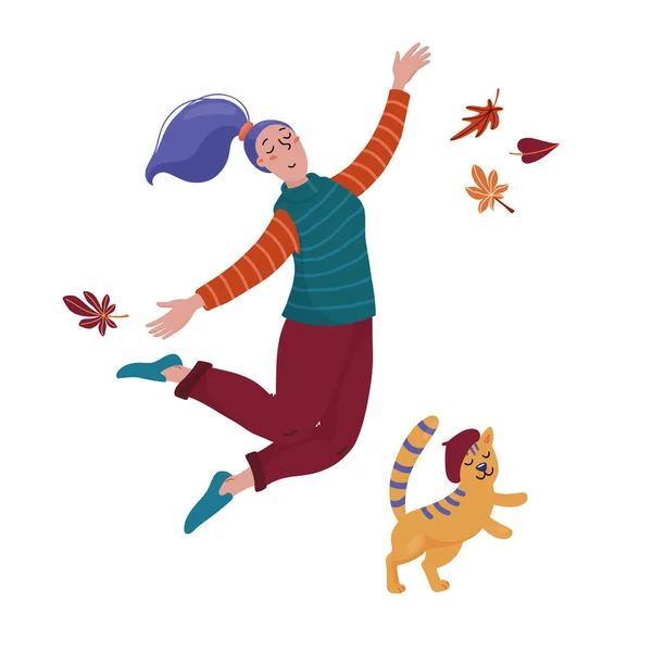 ベレー帽のかわいい女性と猫が楽しそうにジャンプ — ストックベクタ