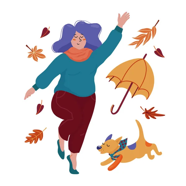 Young chubby woman celebrating autumn with her dog — Stock Vector