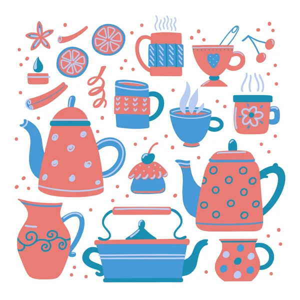 Conjunto de teteras divertidas lindo y varias tazas de té — Vector de stock