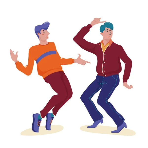 Dva mladí muži, kteří spolu šťastně tančí — Stockový vektor