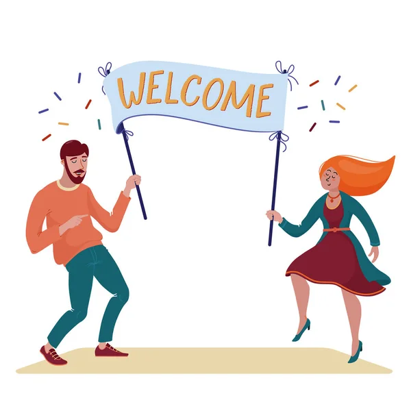 Man and woman holding banner with Welcome text — Stock vektor