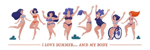 Horizontales Banner mit tanzenden Frauen im Bikini — Stockvektor