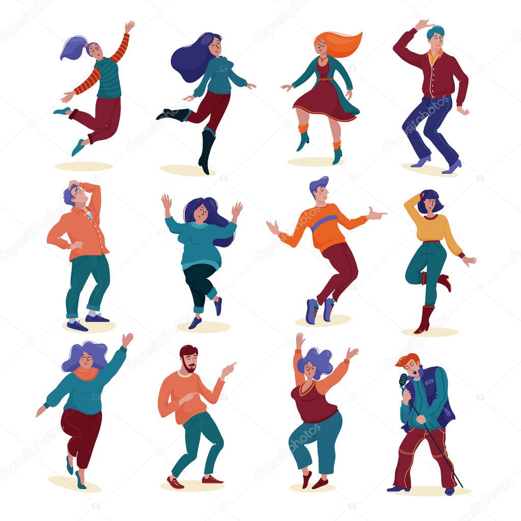 Set of various happy dancing people, men and women